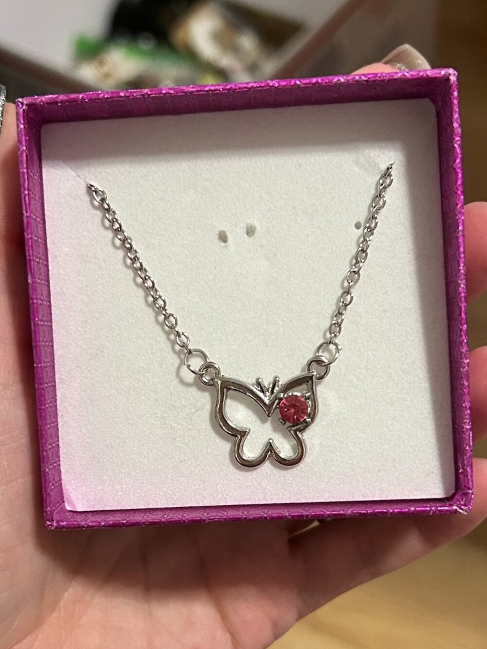 NWT Butterfly Pendant Necklace with Pink Rhinestone Accent